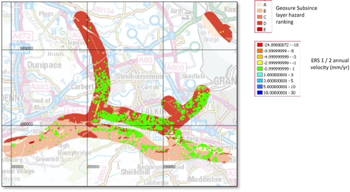 An initial visualisation of the motion data  obtained by InSAR satellite data mapped onto the geological  susceptibility map, for the Falkirk area in Scotland. The ground motion,  indicated by the small dots (displacement indicated in legend). The  thick lines indicate the geological susceptibility for subsidence with A  – low potential hazards, E- high potential Hazard. Source: Live Land