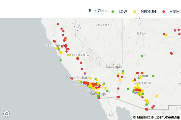 The SMOCGEO project can classify risk of wildfire exposure for specific assets in the USA, including in California and Arizona.