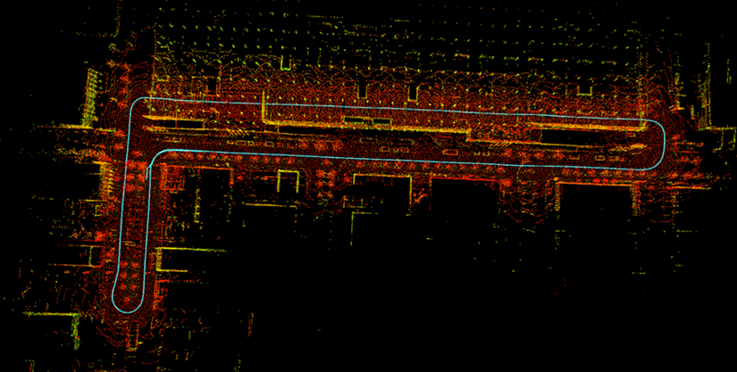 Fig. 8: High fidelity LiDAR scan captured with the ISP. The blue line represents the highly accurate trajectory obtained using sensor fusion.